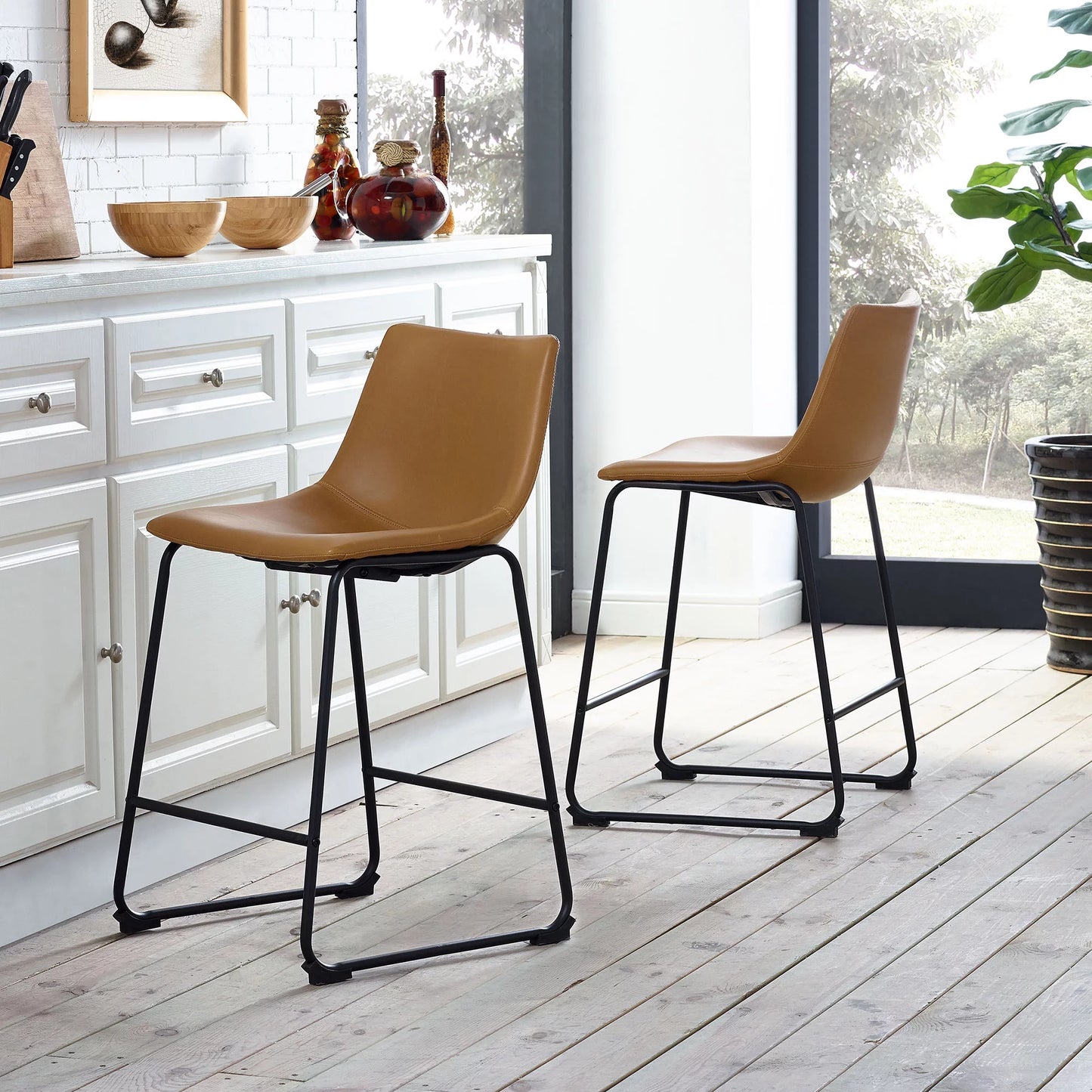 Walker Edison Industrial Faux Leather Counter Stool Set of 2 Whiskey Brown