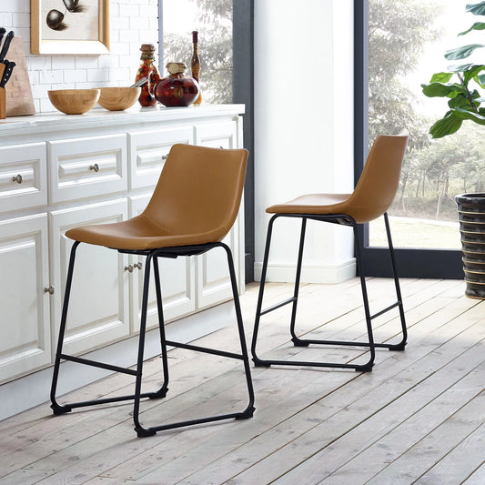 Walker Edison Industrial Faux Leather Counter Stool Set of 2 Whiskey Brown